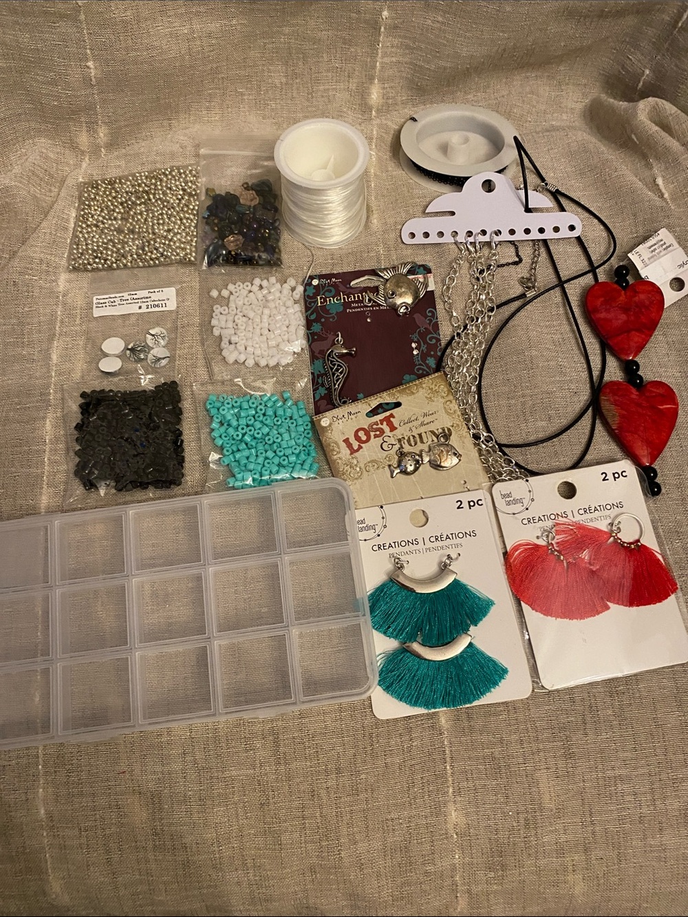 Assorted Jewelry DIY Making Supplies with Red hearts and Teal Tassels